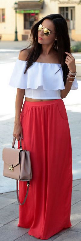 off-shoulder top with a maxi skirt